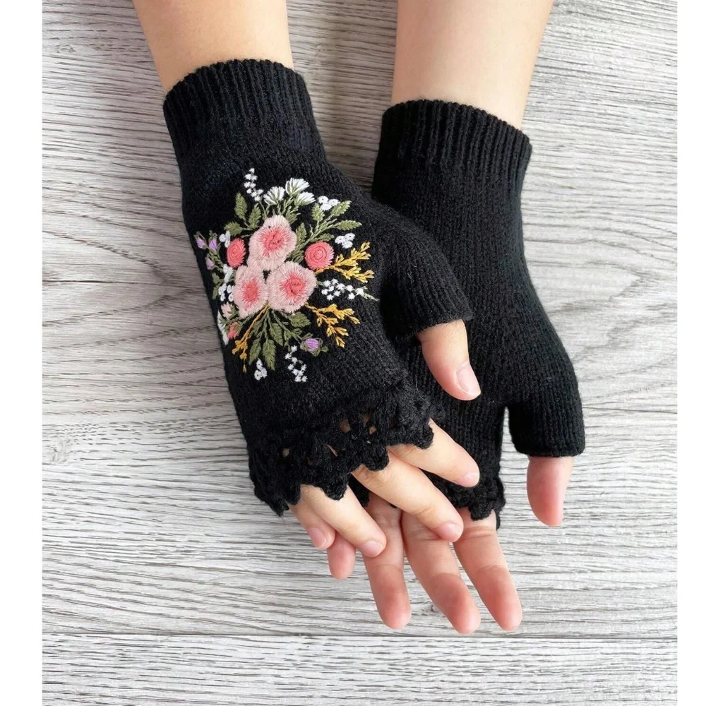 Cozy Floral Embroidered Fingerless Mittens